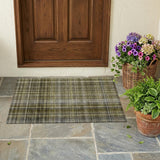 2' X 3' Green Beige and Gray Plaid Washable Non Skid Indoor Outdoor Area Rug