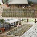 2' X 8' Green Beige and Gray Plaid Washable Non Skid Indoor Outdoor Area Rug