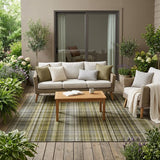 5' X 8' Green Beige and Gray Plaid Washable Non Skid Indoor Outdoor Area Rug
