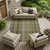 8' X 10' Green Beige and Gray Plaid Washable Non Skid Indoor Outdoor Area Rug