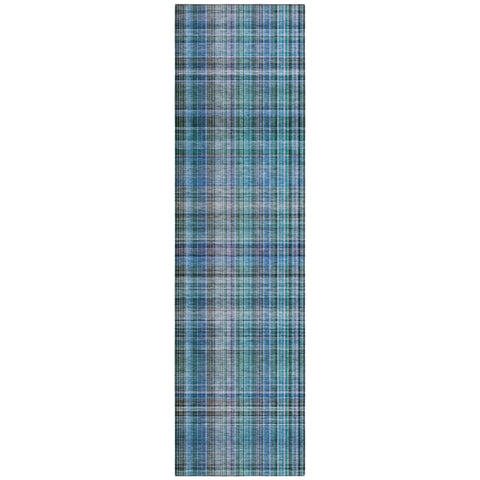 2' X 8' Blue Teal and Gray Plaid Washable Non Skid Indoor Outdoor Area Rug