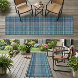 2' X 8' Blue Teal and Gray Plaid Washable Non Skid Indoor Outdoor Area Rug