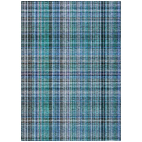 3' X 5' Blue Teal and Gray Plaid Washable Non Skid Indoor Outdoor Area Rug