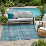 5' X 8' Blue Teal and Gray Plaid Washable Non Skid Indoor Outdoor Area Rug