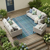 8' X 10' Blue Teal and Gray Plaid Washable Non Skid Indoor Outdoor Area Rug