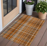 3' X 5' Terra Cotta Plaid Washable Non Skid Indoor Outdoor Area Rug