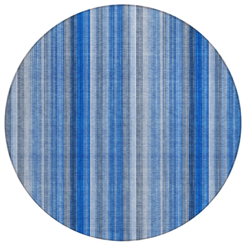 8' Round Blue Round Striped Washable Non Skid Indoor Outdoor Area Rug