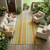 8' X 10' Tan Orange and Green Striped Washable Non Skid Indoor Outdoor Area Rug