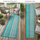 8' Runner Teal and Gray Striped Washable Non Skid Indoor Outdoor Runner Rug