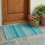 3' X 5' Teal and Gray Striped Washable Non Skid Indoor Outdoor Area Rug