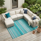 8' X 10' Teal and Gray Striped Washable Non Skid Indoor Outdoor Area Rug