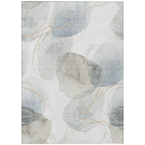 3' X 5' Ivory Blue and Gray Abstract Washable Non Skid Indoor Outdoor Area Rug