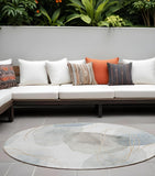 8' Round Ivory Blue and Gray Round Abstract Washable Non Skid Indoor Outdoor Area Rug