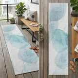 8' Runner Teal and Ivory Abstract Washable Non Skid Indoor Outdoor Runner Rug