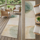 8' Runner Beige and Green Abstract Washable Non Skid Indoor Outdoor Runner Rug