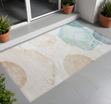 2' X 3' Beige and Blue Abstract Washable Non Skid Indoor Outdoor Area Rug