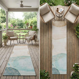 8' Runner Beige and Blue Abstract Washable Non Skid Indoor Outdoor Runner Rug