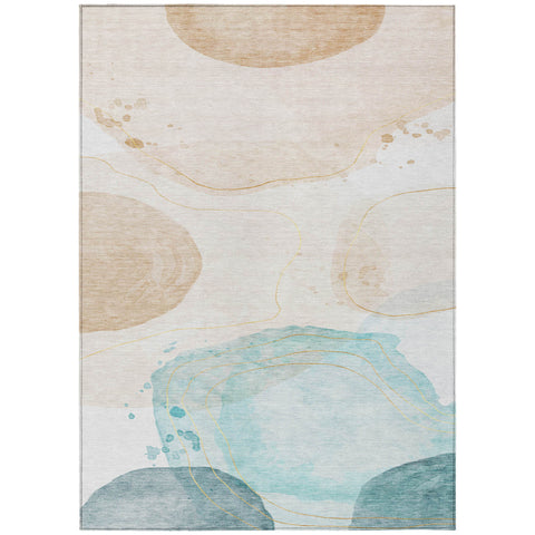 5' X 8' Beige And Blue Abstract Washable Indoor Outdoor Area Rug