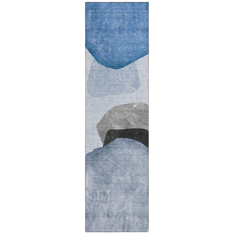 8' Runner Blue Gray and Black Abstract Washable Non Skid Indoor Outdoor Runner Rug