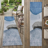8' Runner Blue Gray and Black Abstract Washable Non Skid Indoor Outdoor Runner Rug
