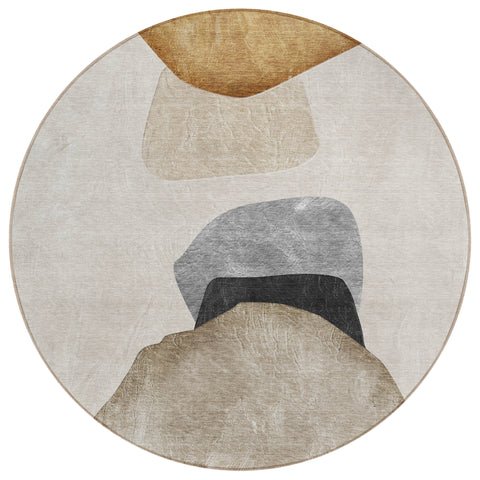 8' Round Tan Brown and Gray Round Abstract Washable Non Skid Indoor Outdoor Area Rug