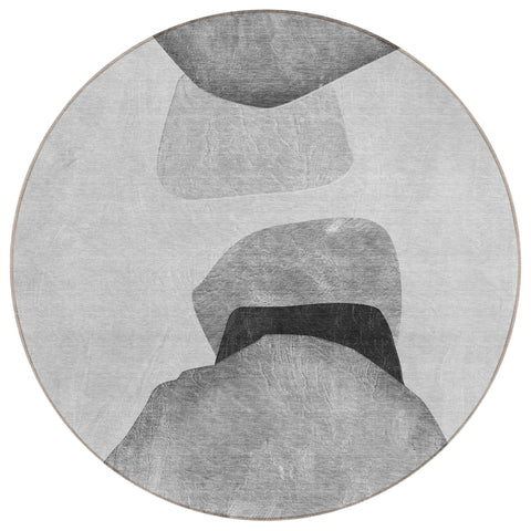8' Round Gray and Black Round Abstract Washable Non Skid Indoor Outdoor Area Rug