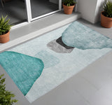 2' X 3' Teal Ivory and Gray Abstract Washable Non Skid Indoor Outdoor Area Rug