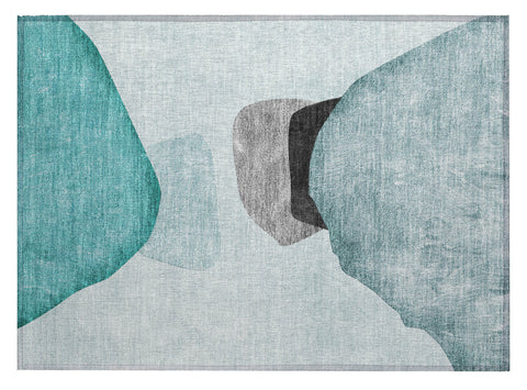 2' X 3' Teal Ivory and Gray Abstract Washable Non Skid Indoor Outdoor Area Rug