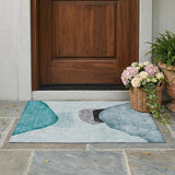 2' X 3' Teal Ivory and Gray Abstract Washable Non Skid Indoor Outdoor Area Rug