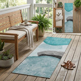 8' Runner Ivory Teal and Gray Abstract Washable Non Skid Indoor Outdoor Runner Rug