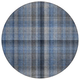 8' Round Blue Round Plaid Washable Non Skid Indoor Outdoor Area Rug