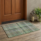 2' X 3' Green Beige and Gray Plaid Washable Non Skid Indoor Outdoor Area Rug