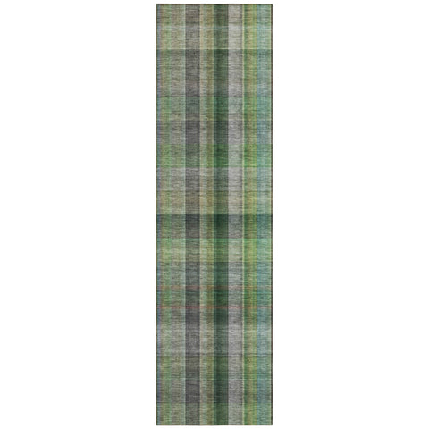 2' X 8' Green Beige and Gray Plaid Washable Non Skid Indoor Outdoor Area Rug