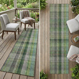 2' X 8' Green Beige and Gray Plaid Washable Non Skid Indoor Outdoor Area Rug