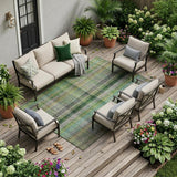 8' X 10' Green Plaid Washable Non Skid Indoor Outdoor Area Rug