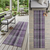 2' X 8' Purple Gray and Black Plaid Washable Non Skid Indoor Outdoor Area Rug