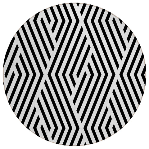 8' Black And White Round Geometric Washable Indoor Outdoor Area Rug