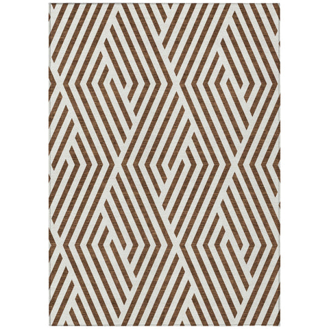3' X 5' Brown and White Geometric Washable Non Skid Indoor Outdoor Area Rug