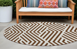 8' Brown And White Round Geometric Washable Indoor Outdoor Area Rug
