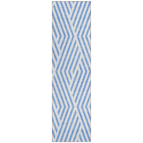 8' Blue And Ivory Geometric Washable Indoor Outdoor Runner Rug
