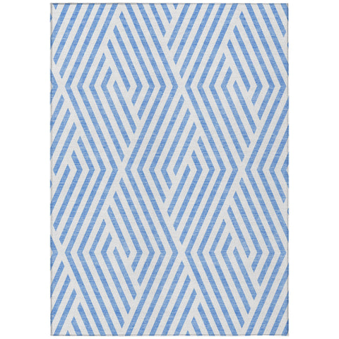 5' X 8' Blue And Ivory Geometric Washable Indoor Outdoor Area Rug