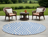 8' Round Blue and Ivory Round Geometric Washable Non Skid Indoor Outdoor Area Rug