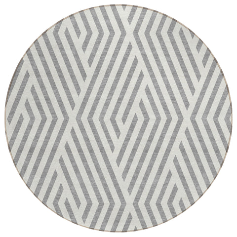 8' Gray And Ivory Round Geometric Washable Indoor Outdoor Area Rug