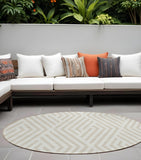 8' Beige And Ivory Round Geometric Washable Indoor Outdoor Area Rug