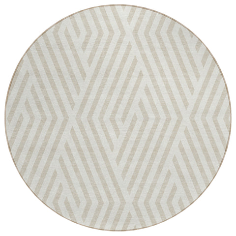 8' Beige And Ivory Round Geometric Washable Indoor Outdoor Area Rug