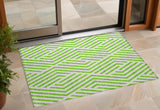 2' X 3' Lime Green and White Geometric Washable Non Skid Indoor Outdoor Area Rug