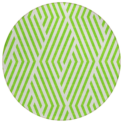 8' Round Lime Green and White Round Geometric Washable Non Skid Indoor Outdoor Area Rug