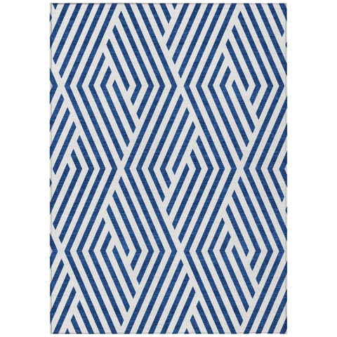3' X 5' Navy and White Geometric Washable Non Skid Indoor Outdoor Area Rug