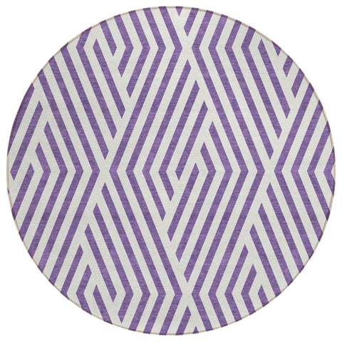 8' Purple And White Round Geometric Washable Indoor Outdoor Area Rug