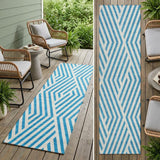 8' Runner Teal and White Geometric Washable Non Skid Indoor Outdoor Runner Rug